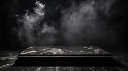 Dark room with smoke featuring an empty black marble table podium and black stone floor
