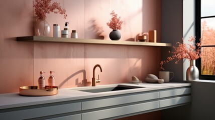 Fragment of modern minimalist kitchen. Gray facades and countertop with built-in sink and gold faucet. Peach tone wall, shelf, flowers, home decor. Contemporary interior design. 3D rendering.