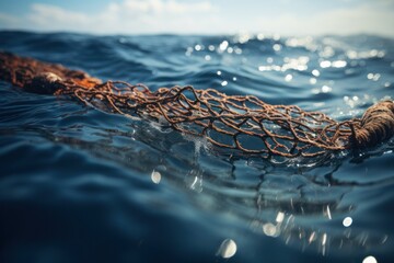 A fishing net peacefully floats on top of a body of water, creating a tranquil scene. This image can be used to depict the calmness of nature or to illustrate the fishing industry. - obrazy, fototapety, plakaty