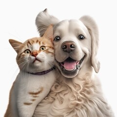 Sweet, cute and smiling cat and dog. Generative AI.