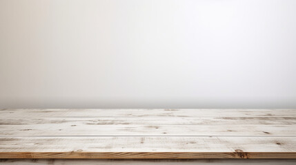 Empty wooden white table over white wall background, product display montage.
