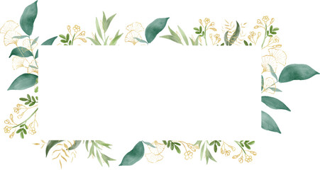 Gold banner,luxury background. Hand Drawn Illustration brush stroke paint
 ornament decorate.Watercolor leaves,green foliage. Wedding invitation border