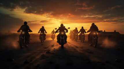 Group of motorcyclists riding into the sunset on a dusty road. - obrazy, fototapety, plakaty
