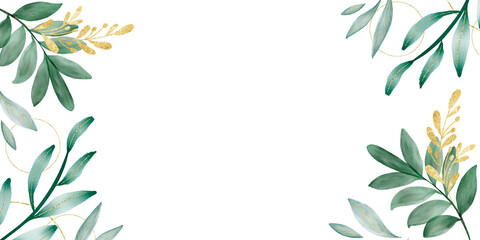 Gold banner,luxury background. Hand Drawn Illustration brush stroke paint
 ornament decorate.Watercolor leaves,green foliage. Wedding invitation border - obrazy, fototapety, plakaty
