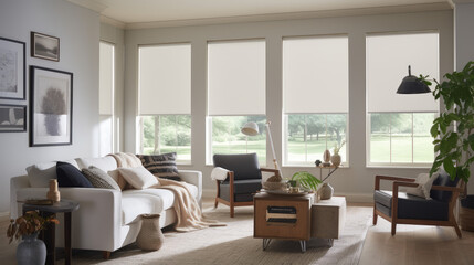 Interior roller blinds are used to cover the windows, and there are automatic solar shades in a bigger size for the windows. 