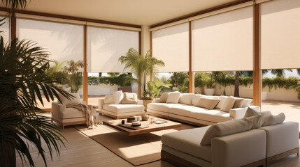 Interior roller blinds are used to cover the windows, and there are automatic solar shades in a bigger size for the windows. 
