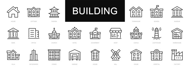 Building thin line icons set. Building, Architecture, House, Hospital, Office, School, Bank, Church, Hotel editable stroke icon. Vector