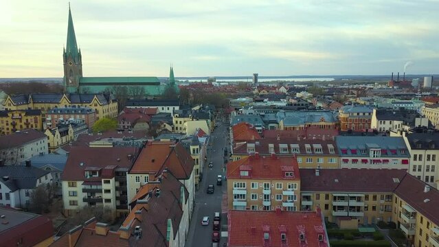 Aerial view of old historical Linkoping city in Sweden. European architecture in scandinavian town