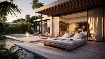 Fototapeta premium Modern villa with pool, bed, and palm trees at sunset.