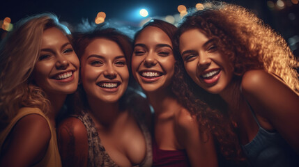 Obraz premium cozy casual, four best friends, together in a group, out and about at night or in the evening