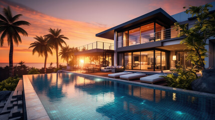Fototapeta na wymiar Luxury home with modern pool at sunrise, contemporary villa architecture, resort style hotel with beautiful interior and exterior design, backyard view, summer vacation and real estate concept
