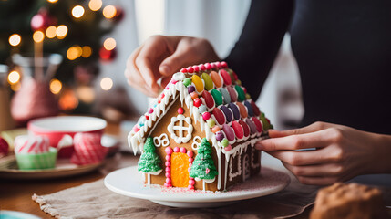 Close-up of woman decorating a gingerbread house with colorful icing and candy in preperation for christmas in winter