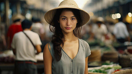 An outdoor casual portrait of a female fashion model wearing a grey top and a beige sun hat. Long, black hair. A busy sidewalk in the background