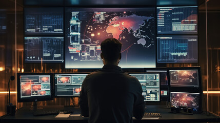 Hacker working on computer in dark room with multiple monitors showing data and city view.