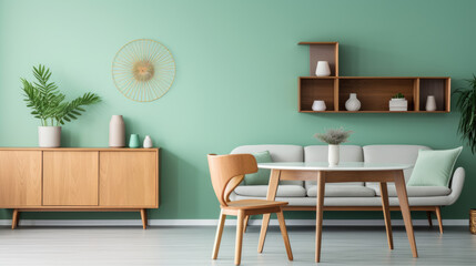 Mint color chairs at round wooden dining table in room with sofa and cabinet near green wall. Scandinavian, mid-century home interior design
