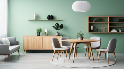 Mint color chairs at round wooden dining table in room with sofa and cabinet near green wall. Scandinavian, mid-century home interior design
