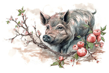 Image of boar with pink cherry blossoms in ancient chinese style. Wildlife Animals. Nature. Illustration, Generative AI.