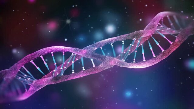 Three-dimensional DNA molecule on dark blue volumetric light background.