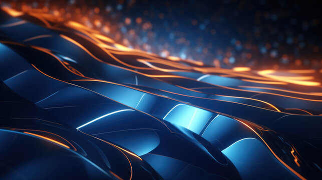 Abstract image of blue and orange wavy lines with glowing light.