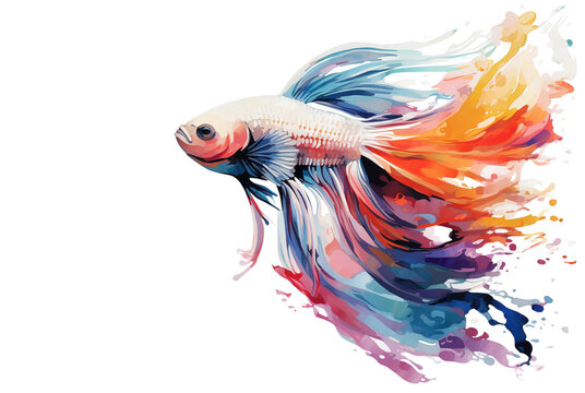 Watercolor painting of betta fish with colorful on white background. Pet. Animals. Illustration, Generative AI.