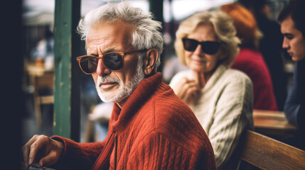 on vacation or free time in the city or weekend, older man with gray hair and his wife