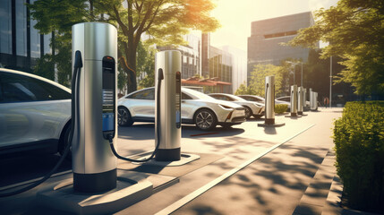 Modern electric car at standalone electric vehicle charging station