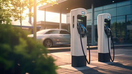 Modern electric car at standalone electric vehicle charging station