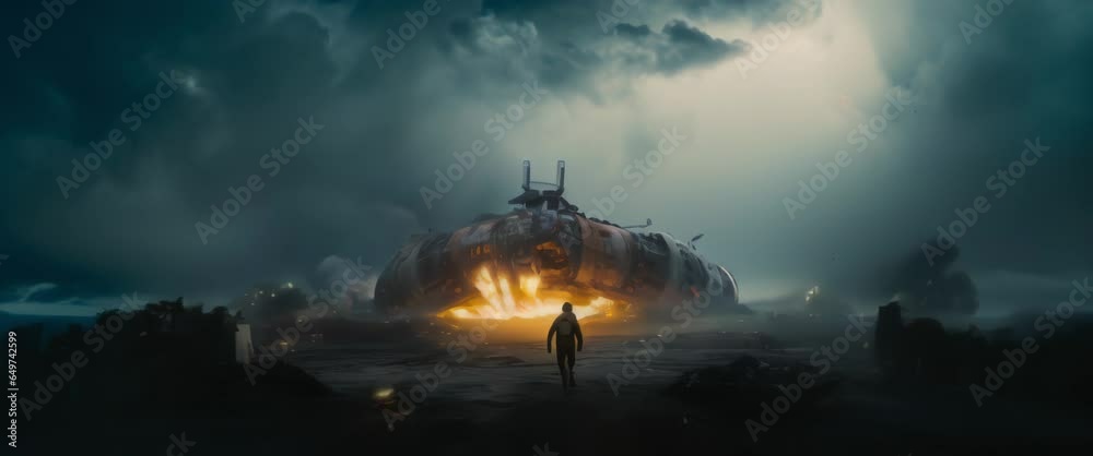 Wall mural man standing in front of exploding crushed spaceship laying on planet surface. anamorphic 4k footage