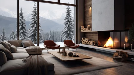 Crédence de cuisine en verre imprimé Cappuccino Interior of a mountain cabin in a winter landscape