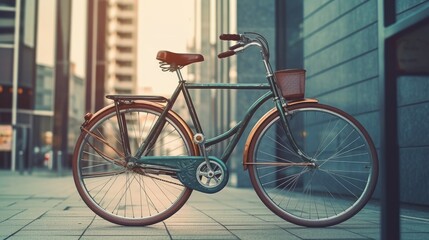 Fototapeta na wymiar Vintage Bicycle parked against a modern city backdrop. AI generated