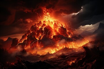 Volcanic Eruption spewing ash and lava, creating a fiery and hazardous scene.Generated with AI