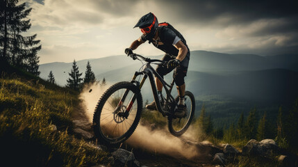 Obraz premium Mountain biker riding downhill at sunset, kicking up dust and with mountains in the background.