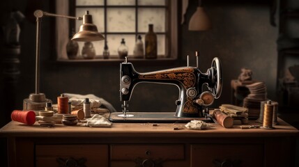 Fototapeta na wymiar Vintage sewing machine in a retro studio. AI generated