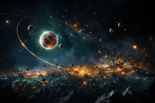 Exoplanets: An artistic representation of distant exoplanets orbiting a distant star.Generated with AI
