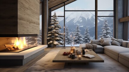 Interior of a mountain cabin in a winter landscape - obrazy, fototapety, plakaty