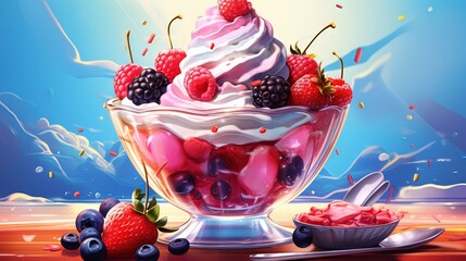  a painting of a bowl of ice cream with berries and raspberries.  generative ai