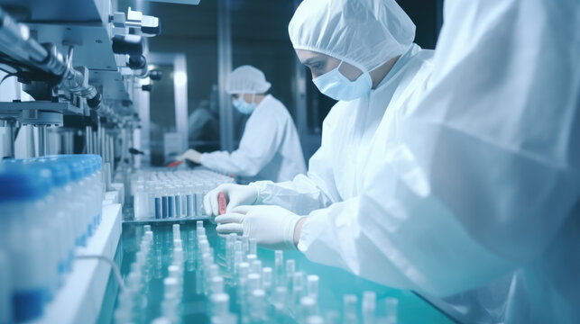 Pharmaceutical workers in clean room filling vials on a production line.