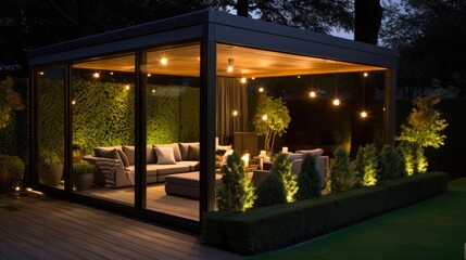 Nighttime Bliss: A Modern Patio Design Perfect For Relaxing Outdoors at Night - obrazy, fototapety, plakaty