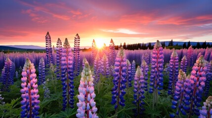 Lupine Field in Full Bloom: A Vibrant Display of Wildflowers in a Lush Nature Setting