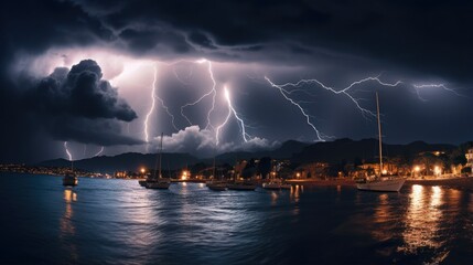 Stormy Night Above La Ciotat: Dramatic Shot of Lightning Flash and Clouds over the Sea - obrazy, fototapety, plakaty