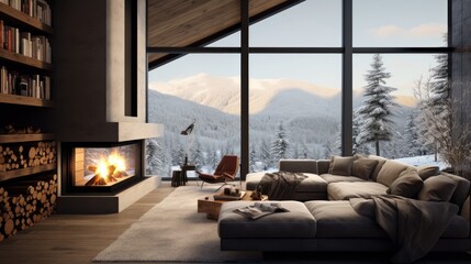 Interior of a mountain cabin in a winter landscape - obrazy, fototapety, plakaty