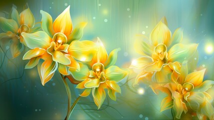 Fototapeta na wymiar Yellow Fantasy. Intricate Digital Illustration of Whimsical Orchid-like Flowers in a Fairyland of Abstract Green and Yellow. Perfect for Wallpapers and Print