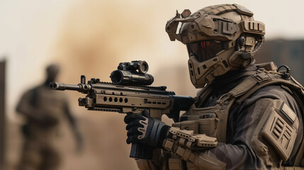 Fototapeta na wymiar A soldier with combat uniform, helmet and visor, machine gun, special forces or modern soldier war