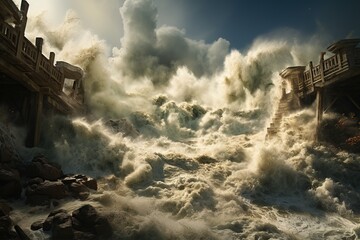 Tsunami Impact Massive waves crashing onto a shoreline, causing widespread destruction.Generated with AI