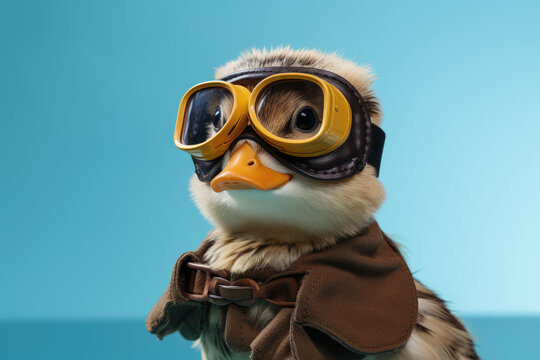Little duck is wearing an old fashioned pilot glasses and clothes on light blue isolated background