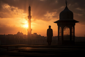 Muezzin standing near the mosque minaret calling the faithful to prayer, silhouette view against the setting sun