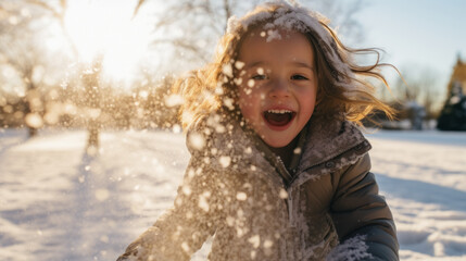 Child playing a playful snowball fight in a winter snowy day