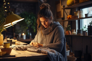 Young beautiful caucasian woman knitting a woolen sweater in her atelier with cozy ambiance that highlight her handmade clothe creation