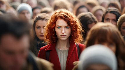 Standing out from the crowd concept with woman looking at camera from large crowd of people