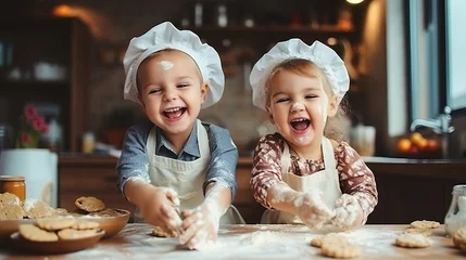 Fotobehang Happy family with two funny kids baking cookies in the kitchen , creative and happy childhood doing manual activities © Keitma